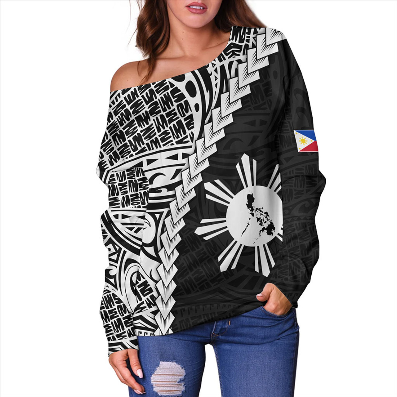 Philippines Filipinos Off Shoulder Sweatshirt Lauhala Tribal Coat Of Arms