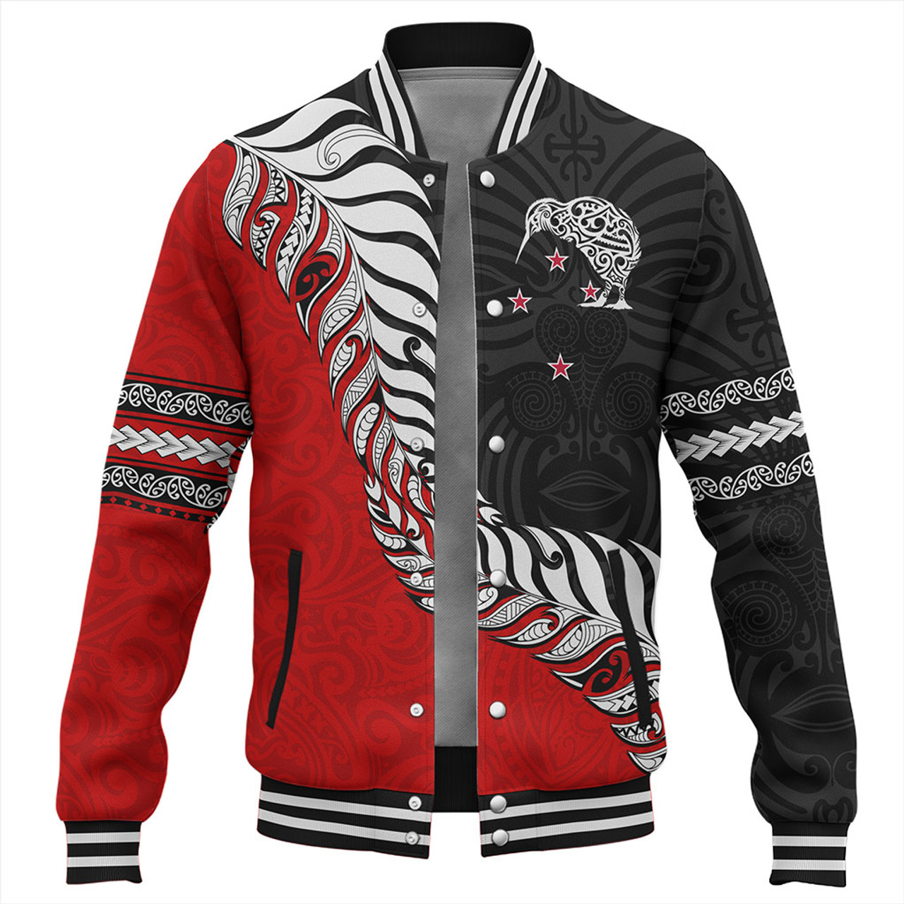 New Zealand Baseball Jacket Silver Fern Maori Tribal Style