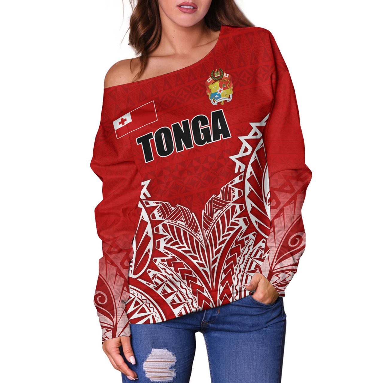 Tonga Custom Personalised Off Shoulder Sweatshirt Seal With Flag Style
