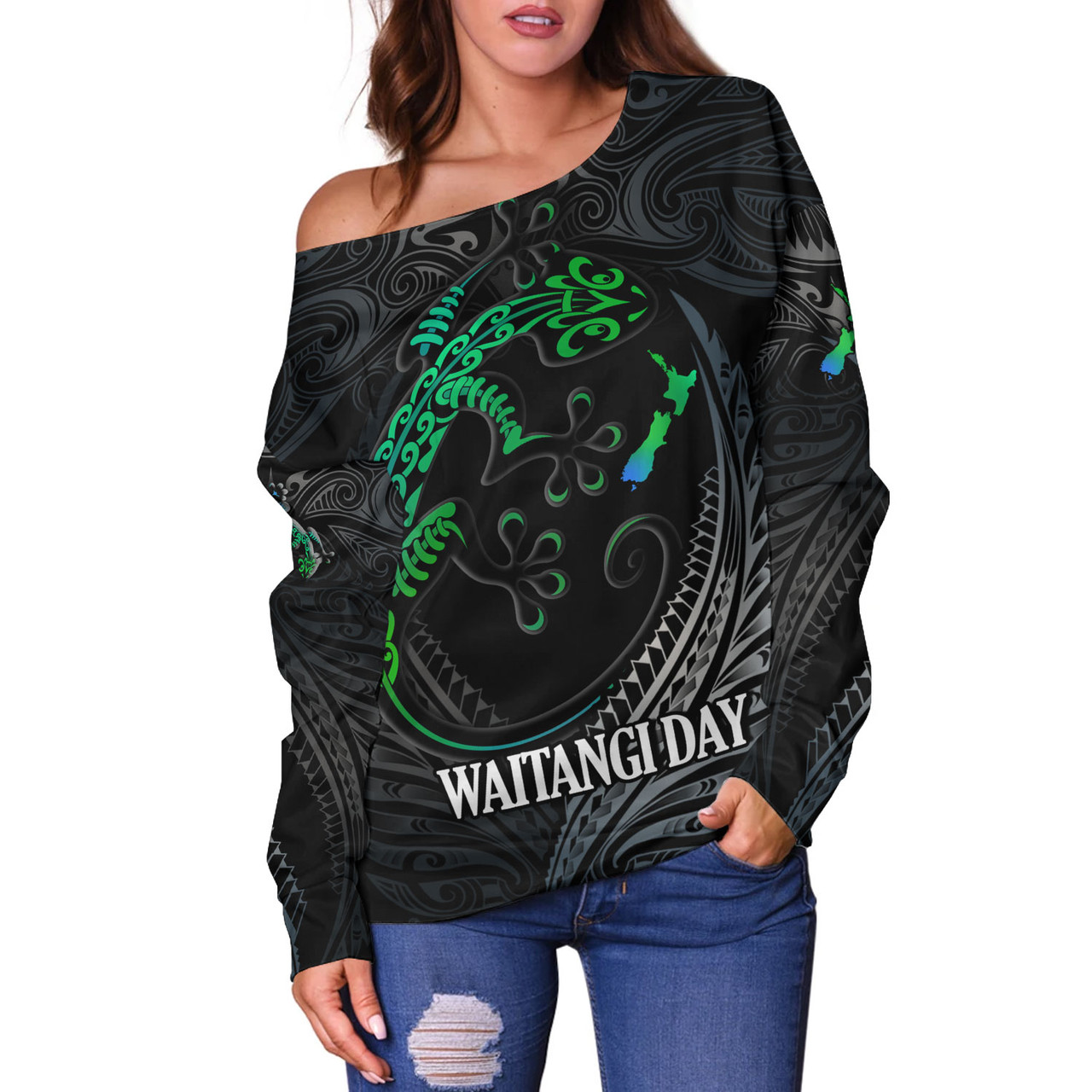 New Zealand Custom Personalised Off Shoulder Sweatshirt Waitangi Day Ethnic Lizard Maori Patterns