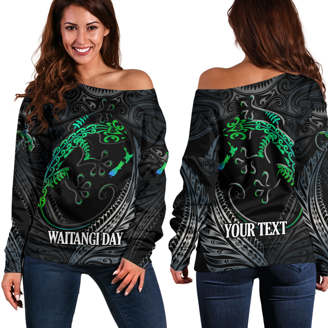 New Zealand Custom Personalised Off Shoulder Sweatshirt Waitangi Day Ethnic Lizard Maori Patterns