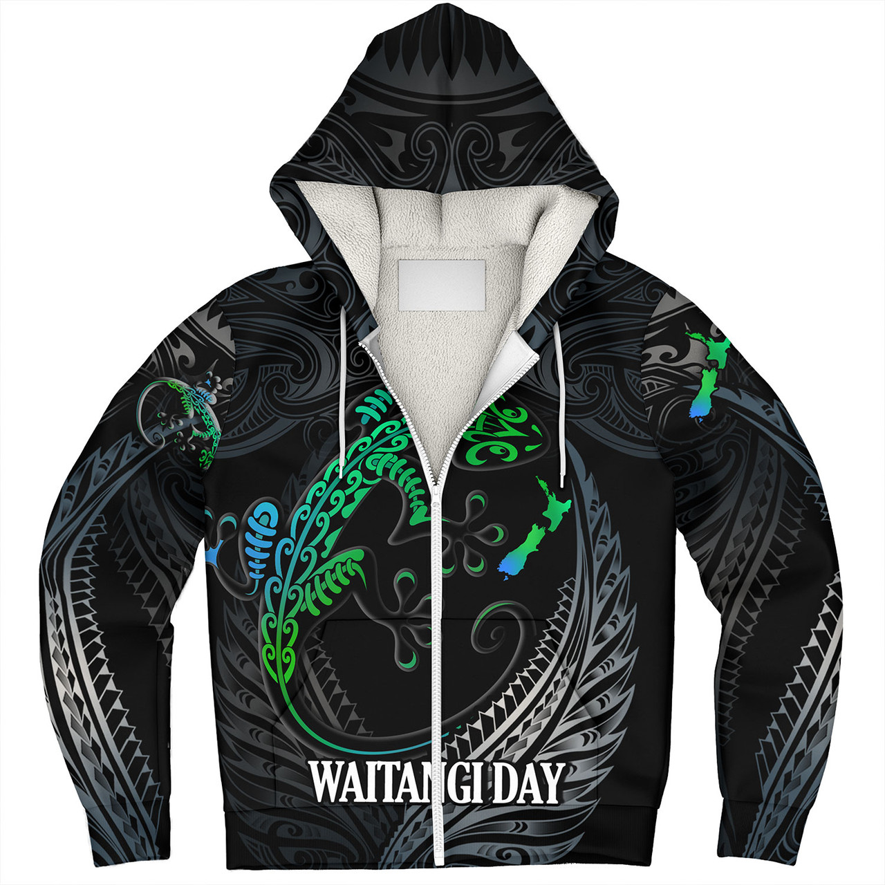 New Zealand Custom Personalised Sherpa Hoodie Waitangi Day Ethnic Lizard Maori Patterns