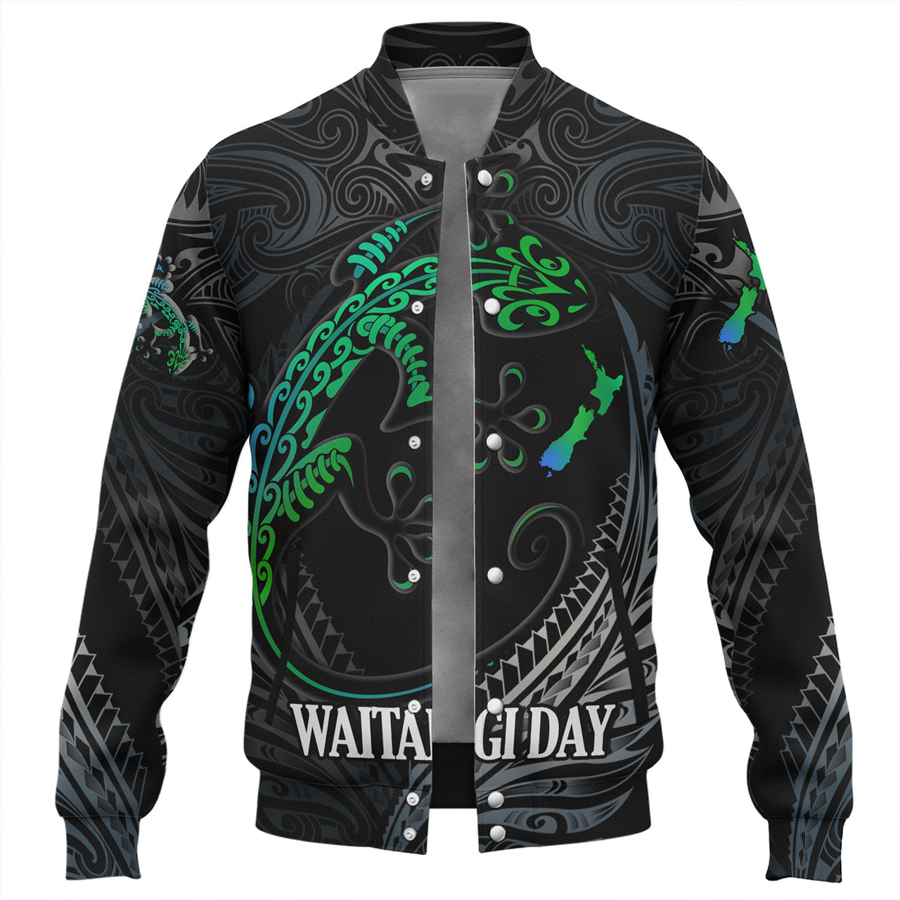 New Zealand Custom Personalised Baseball Jacket Waitangi Day Ethnic Lizard Maori Patterns