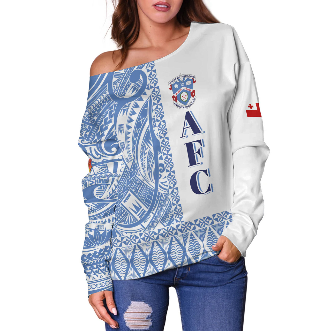 Tonga Custom Personalised Off Shoulder Sweatshirt Apifo'ou College Simple Ngatu Patterns