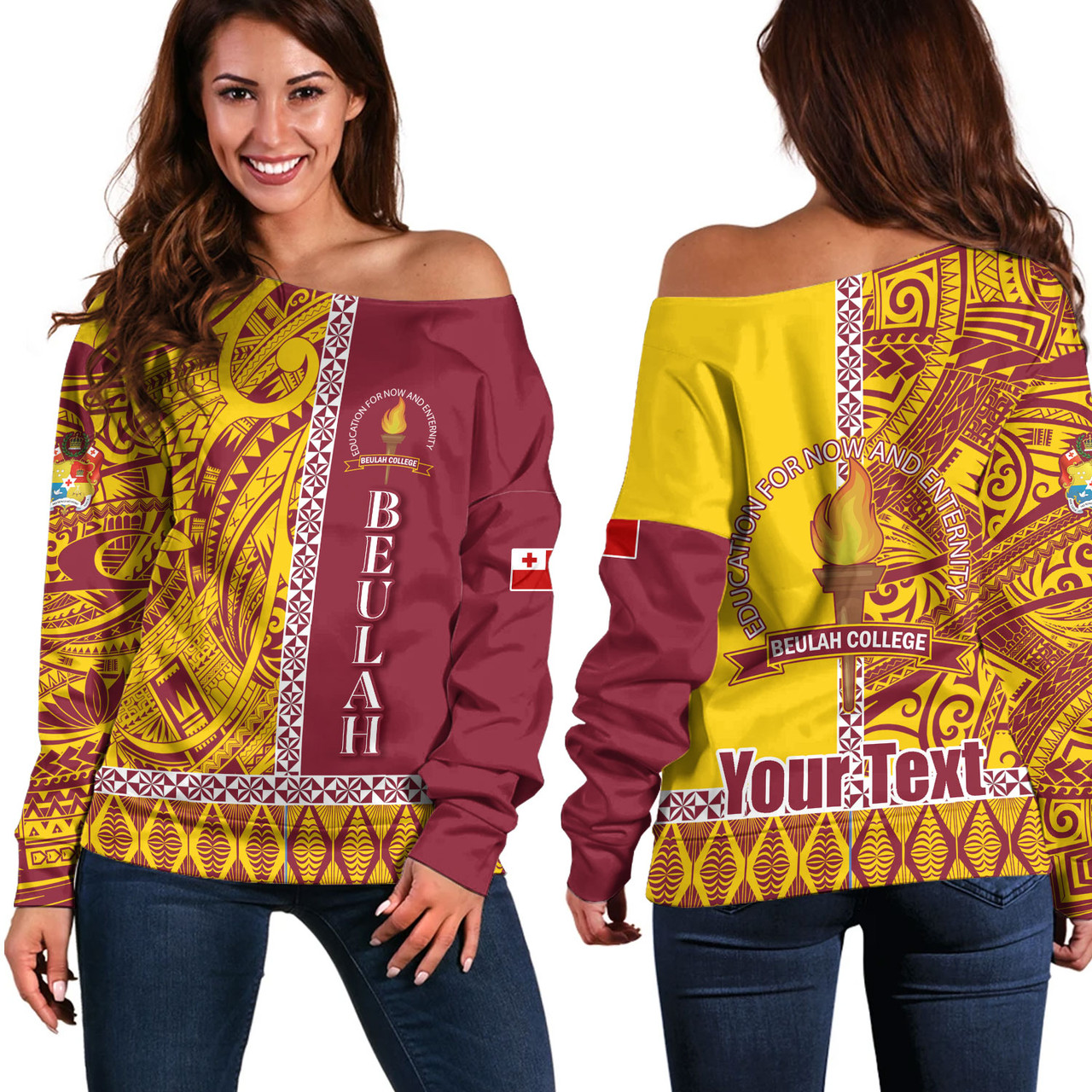 Tonga Custom Personalised Off Shoulder Sweatshirt Beulah College Simple Ngatu Patterns