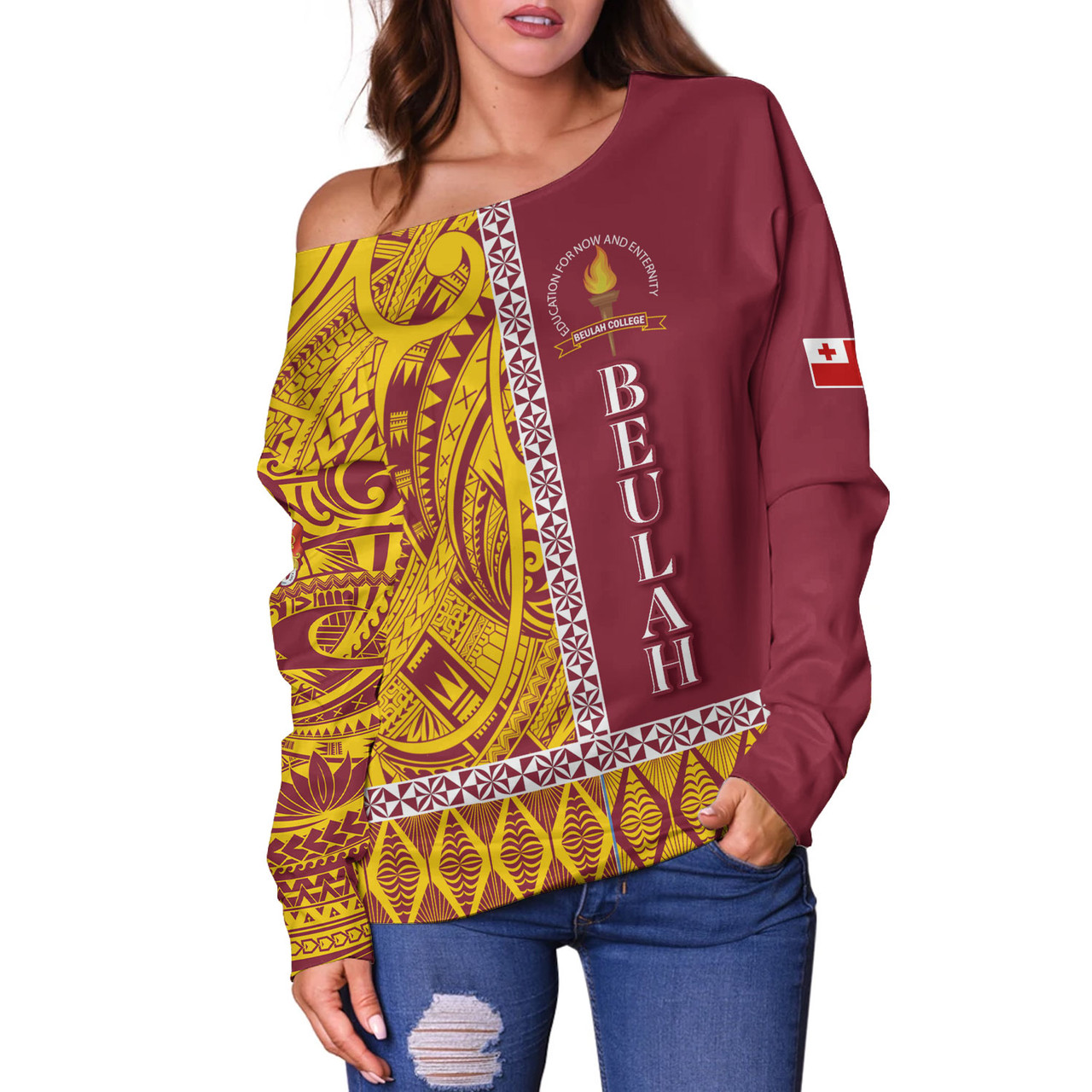 Tonga Custom Personalised Off Shoulder Sweatshirt Beulah College Simple Ngatu Patterns