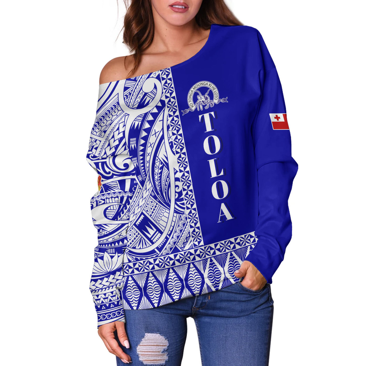 Tonga Custom Personalised Off Shoulder Sweatshirt Tupou College Toloa Simple Ngatu Patterns