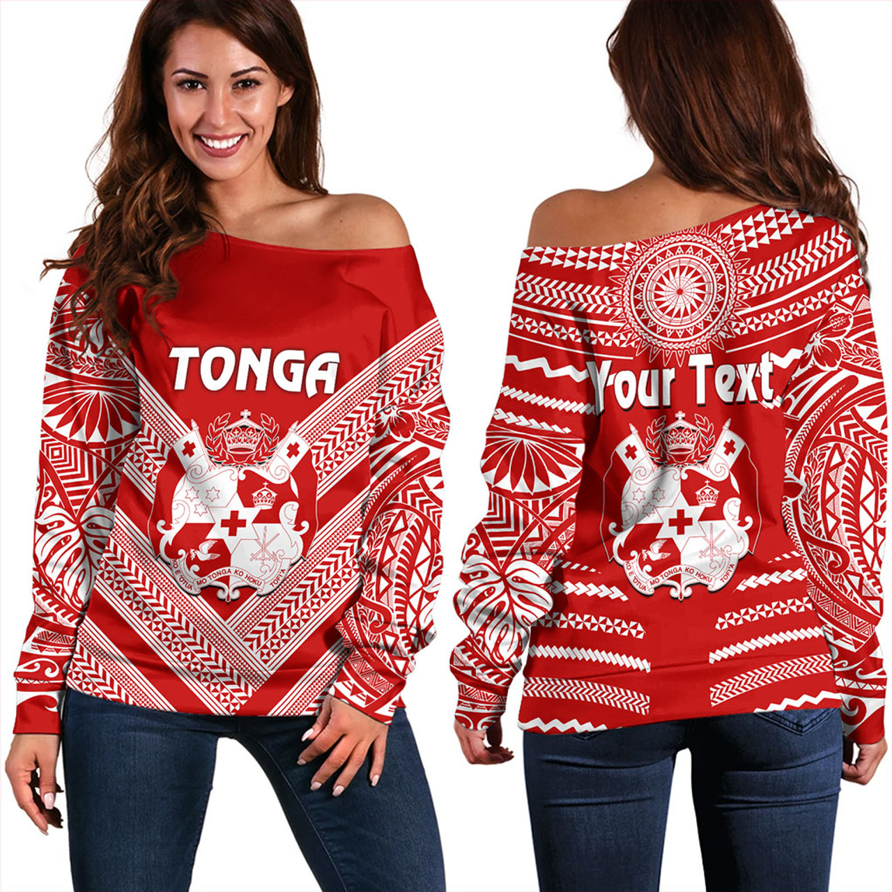 Tonga Off Shoulder Sweatshirt Custom Tribal Pattern Coat Of Arms