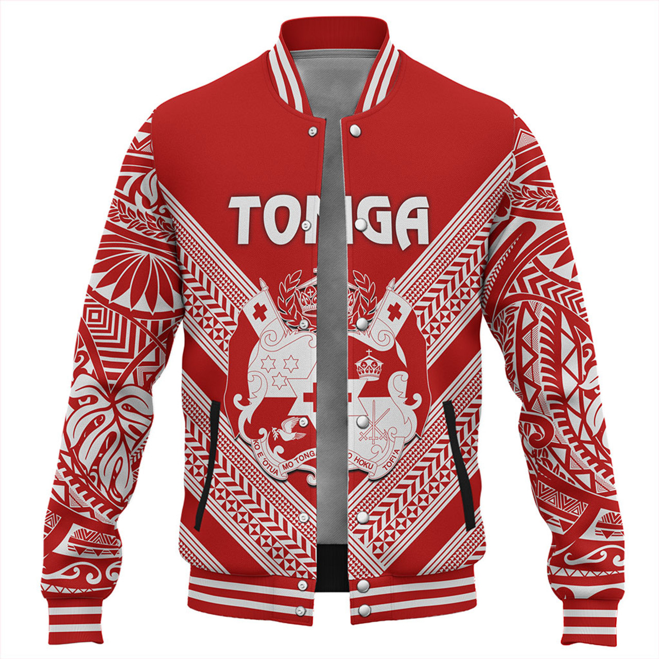 Tonga Baseball Jacket Custom Tribal Pattern Coat Of Arms