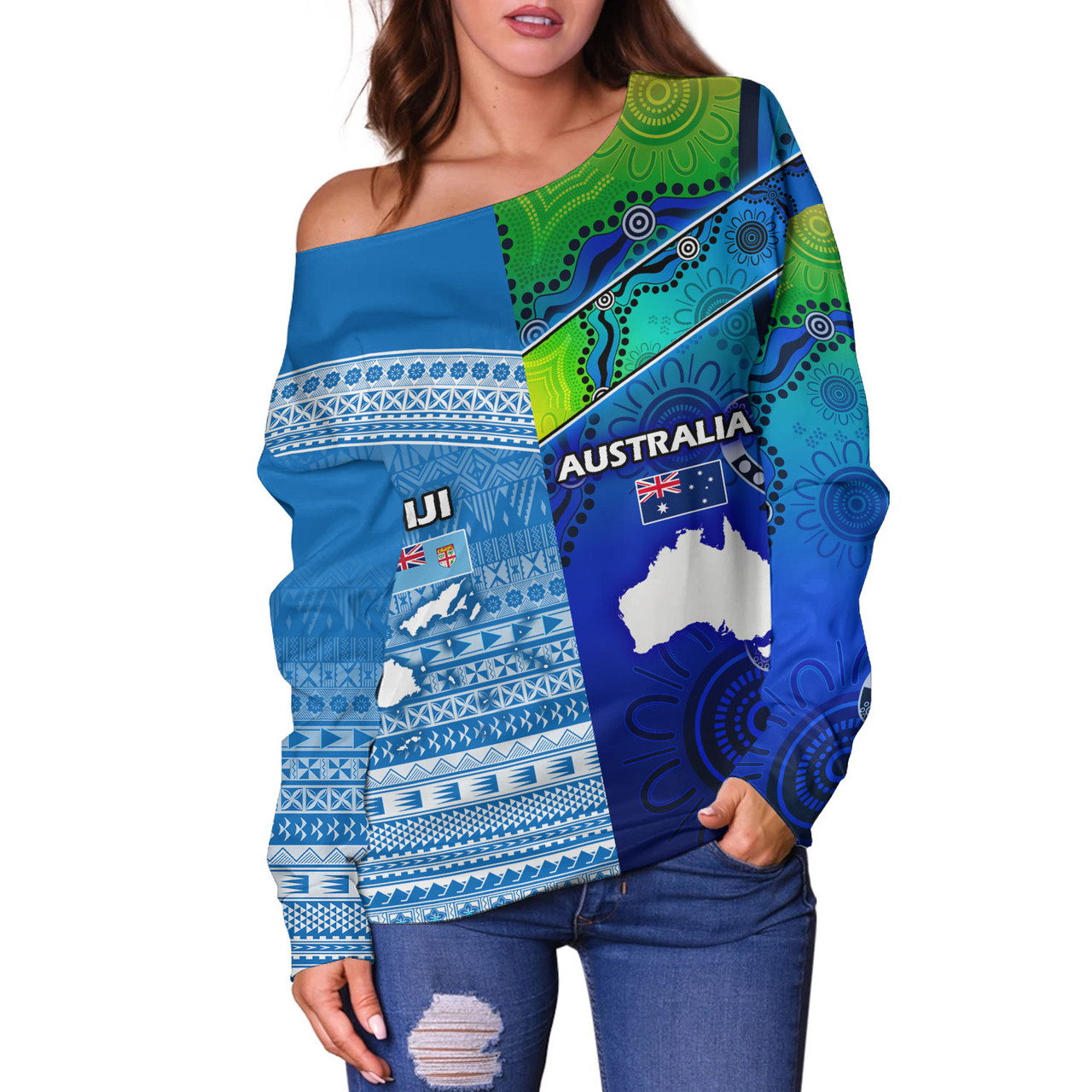 Fiji And Australia Custom Personalised Off Shoulder Sweatshirt Fijian Tapa With Australia Aboriginal Style