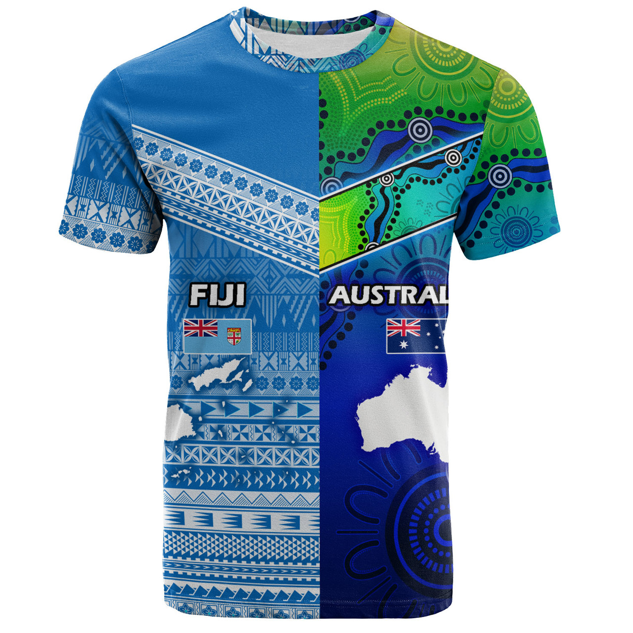 Fiji And Australia Custom Personalised T-Shirt Fijian Tapa With Australia Aboriginal Style