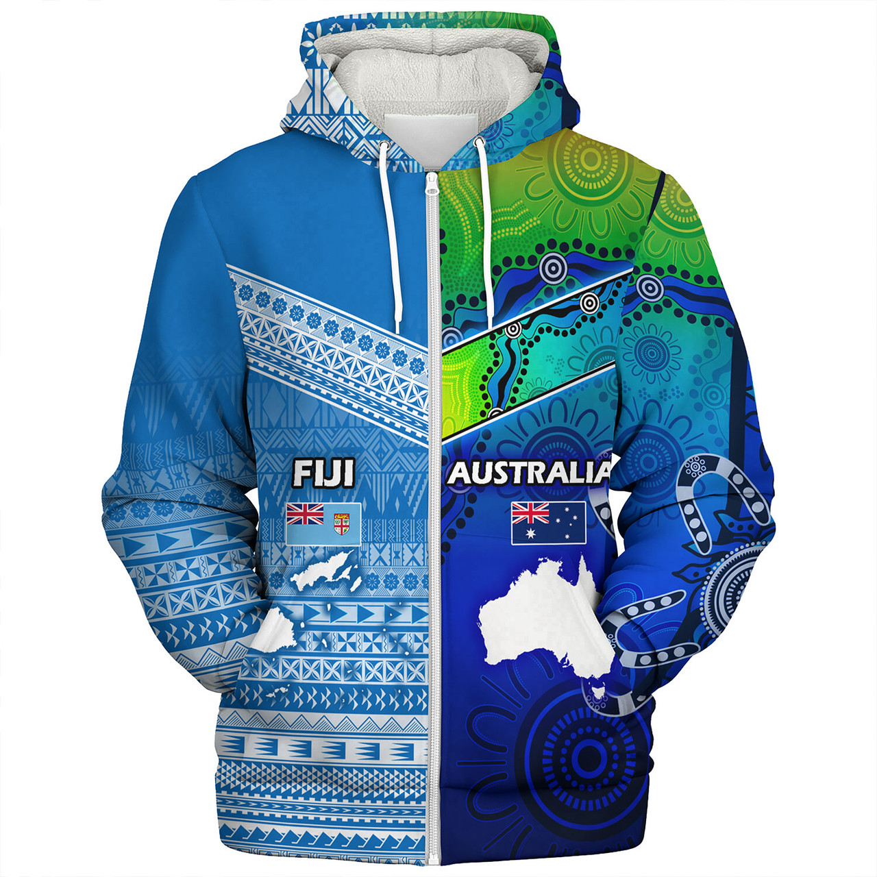 Fiji And Australia Custom Personalised Sherpa Hoodie Fijian Tapa With Australia Aboriginal Style