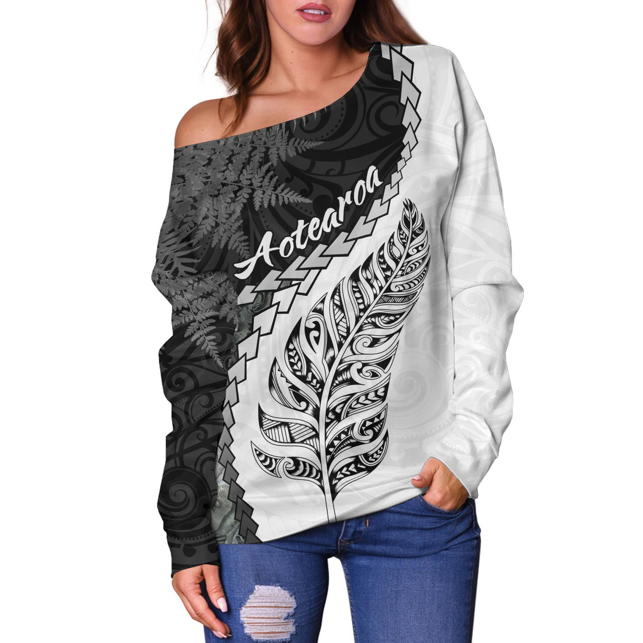 New Zealand Custom Personalised Off Shoulder Sweatshirt Silver Fern Maori Pattern