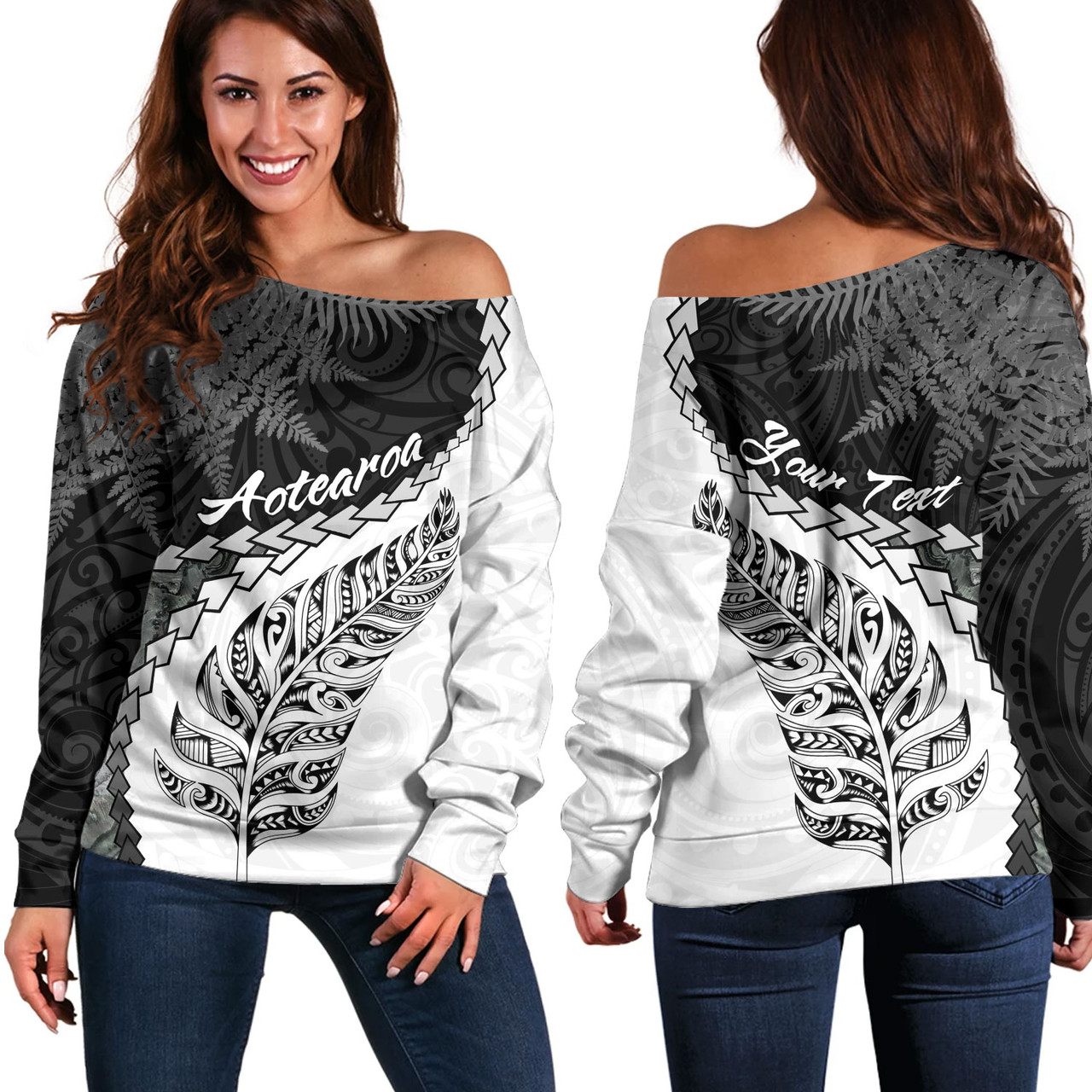 New Zealand Custom Personalised Off Shoulder Sweatshirt Silver Fern Maori Pattern