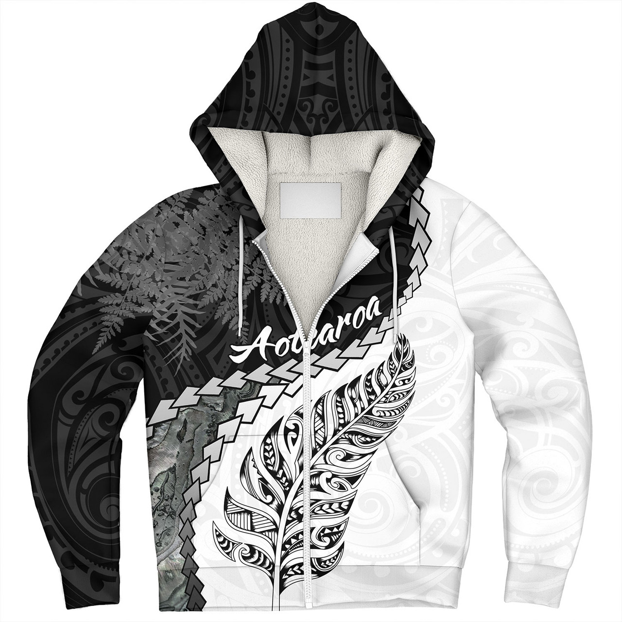 New Zealand Custom Personalised Sherpa Hoodie Silver Fern Maori Pattern