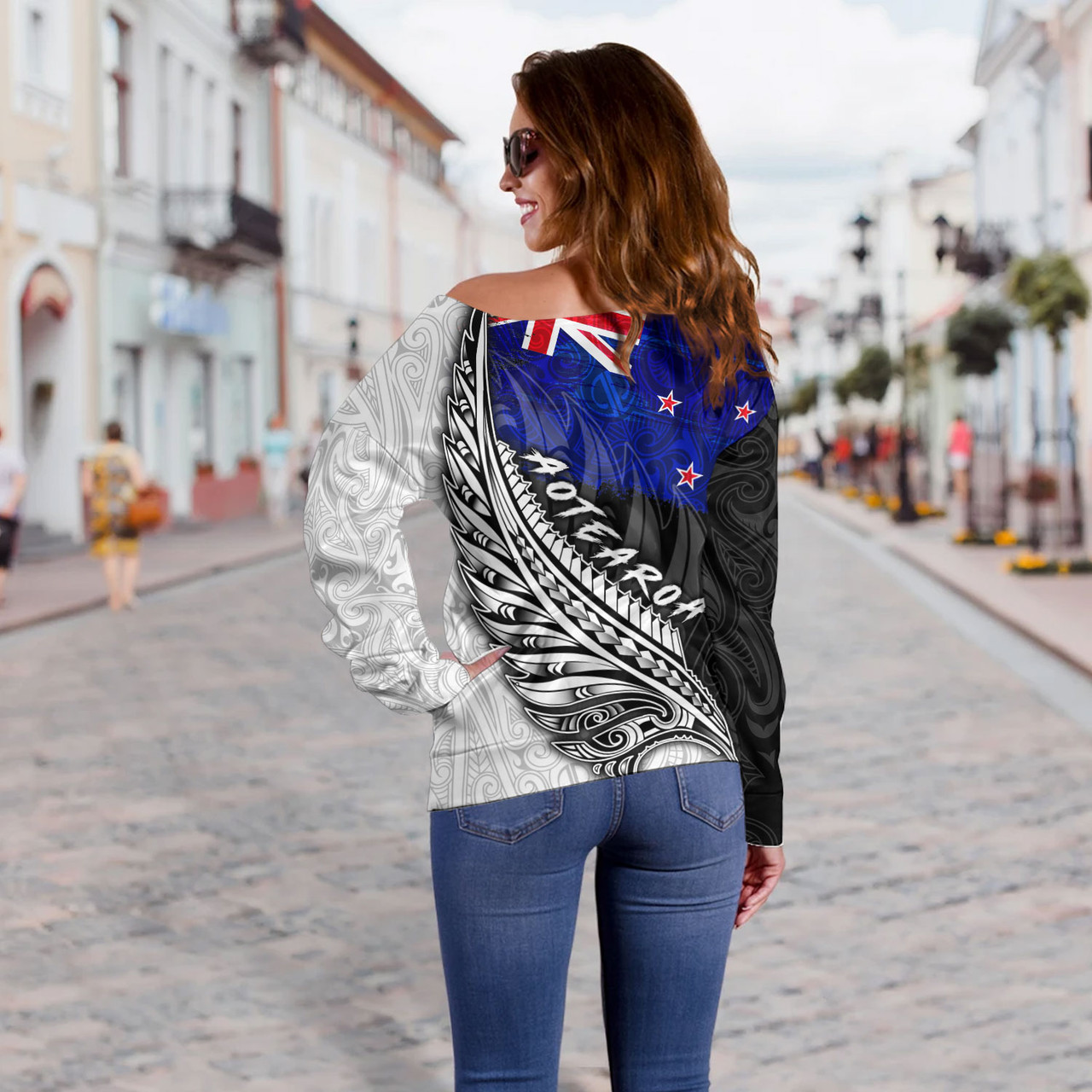 New Zealand Custom Personalised Off Shoulder Sweatshirt Maori Silver Fern Flag Vibes