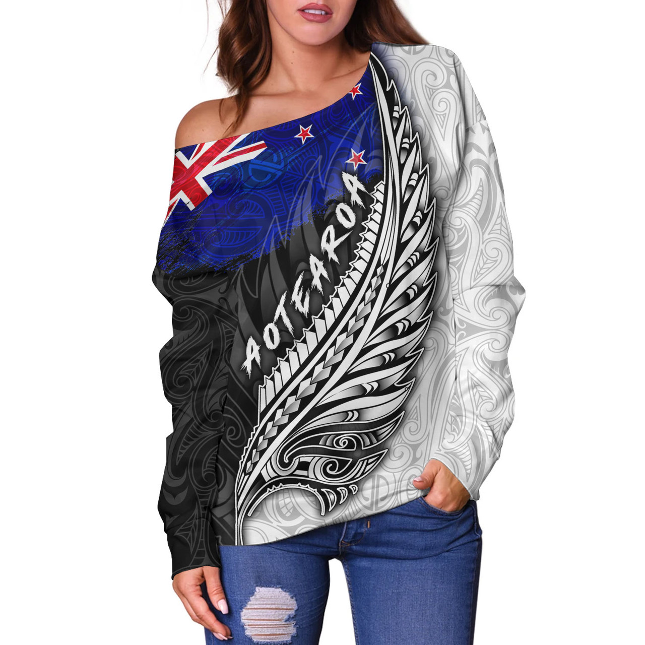 New Zealand Custom Personalised Off Shoulder Sweatshirt Maori Silver Fern Flag Vibes