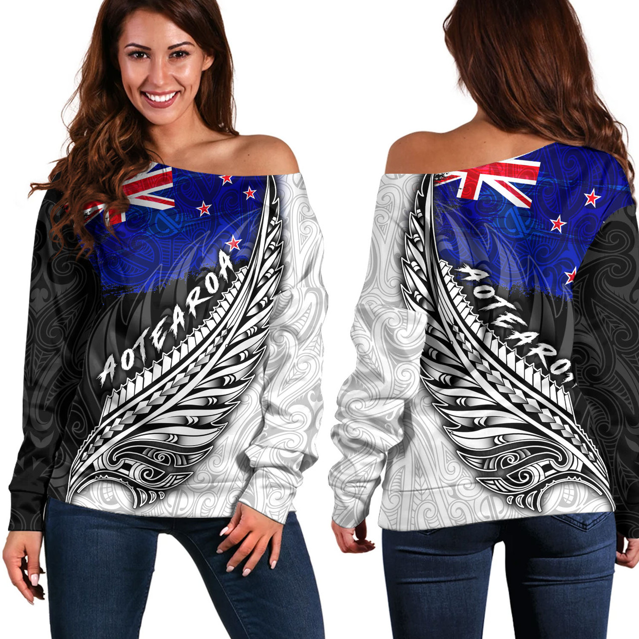 New Zealand Custom Personalised Off Shoulder Sweatshirt Maori Silver Fern Flag Vibes