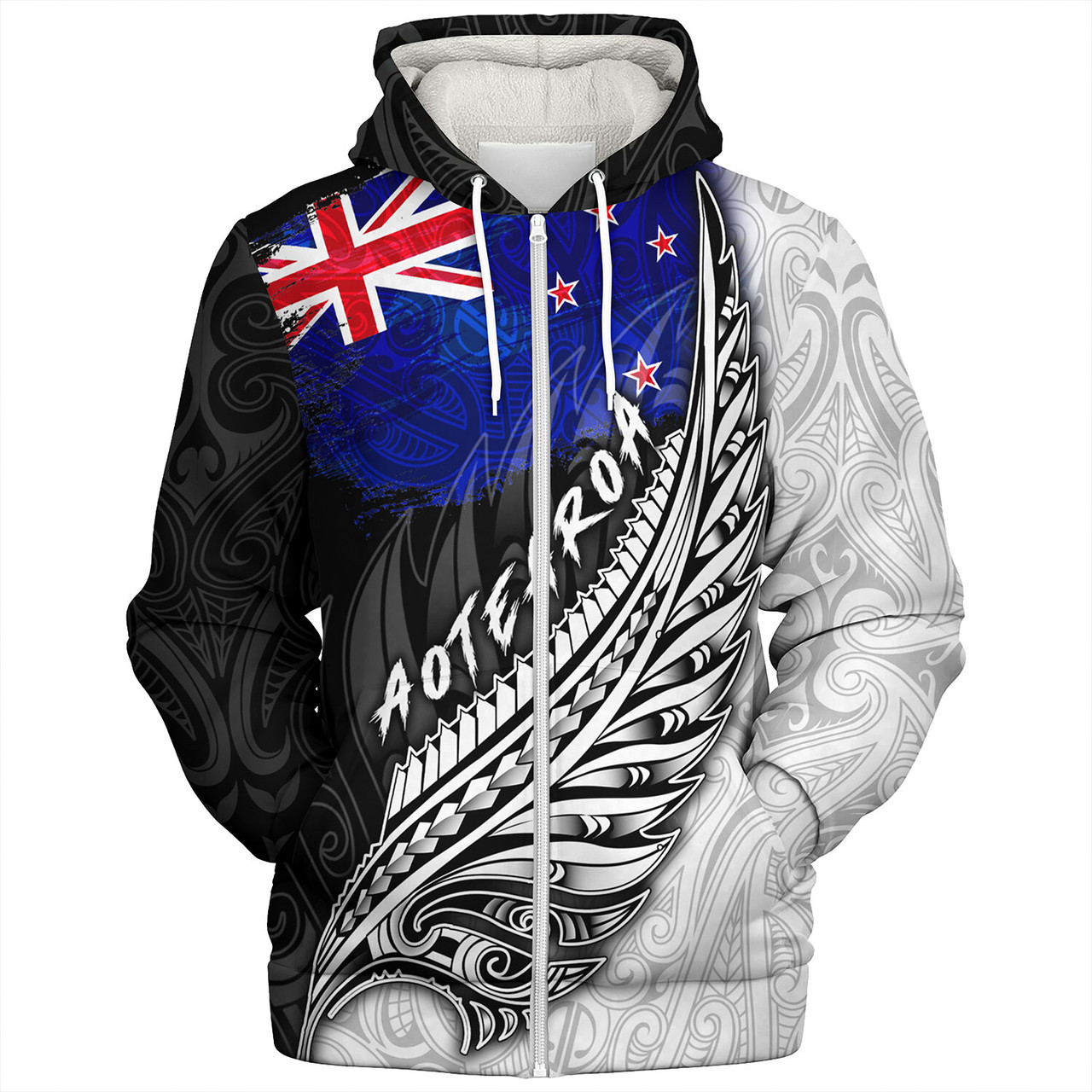 New Zealand Custom Personalised Sherpa Hoodie Maori Silver Fern Flag Vibes