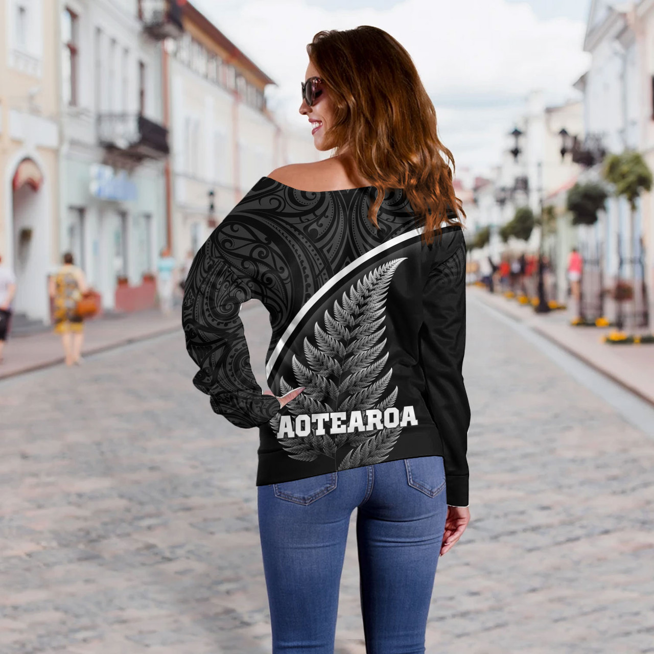 New Zealand Custom Personalised Off Shoulder Sweatshirt Maori Style Ethnic Curve Design