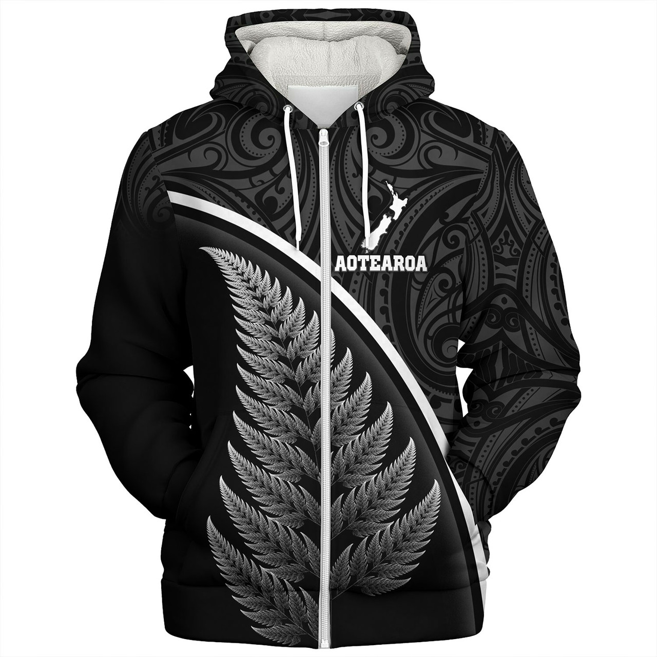 New Zealand Custom Personalised Sherpa Hoodie Maori Style Ethnic Curve Design