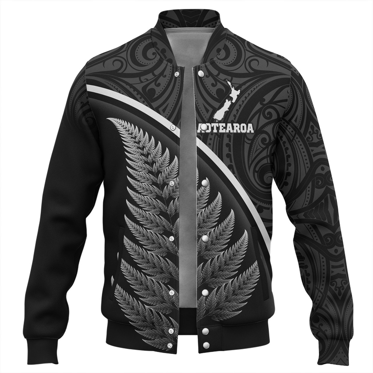 New Zealand Custom Personalised Baseball Jacket Maori Style Ethnic Curve Design