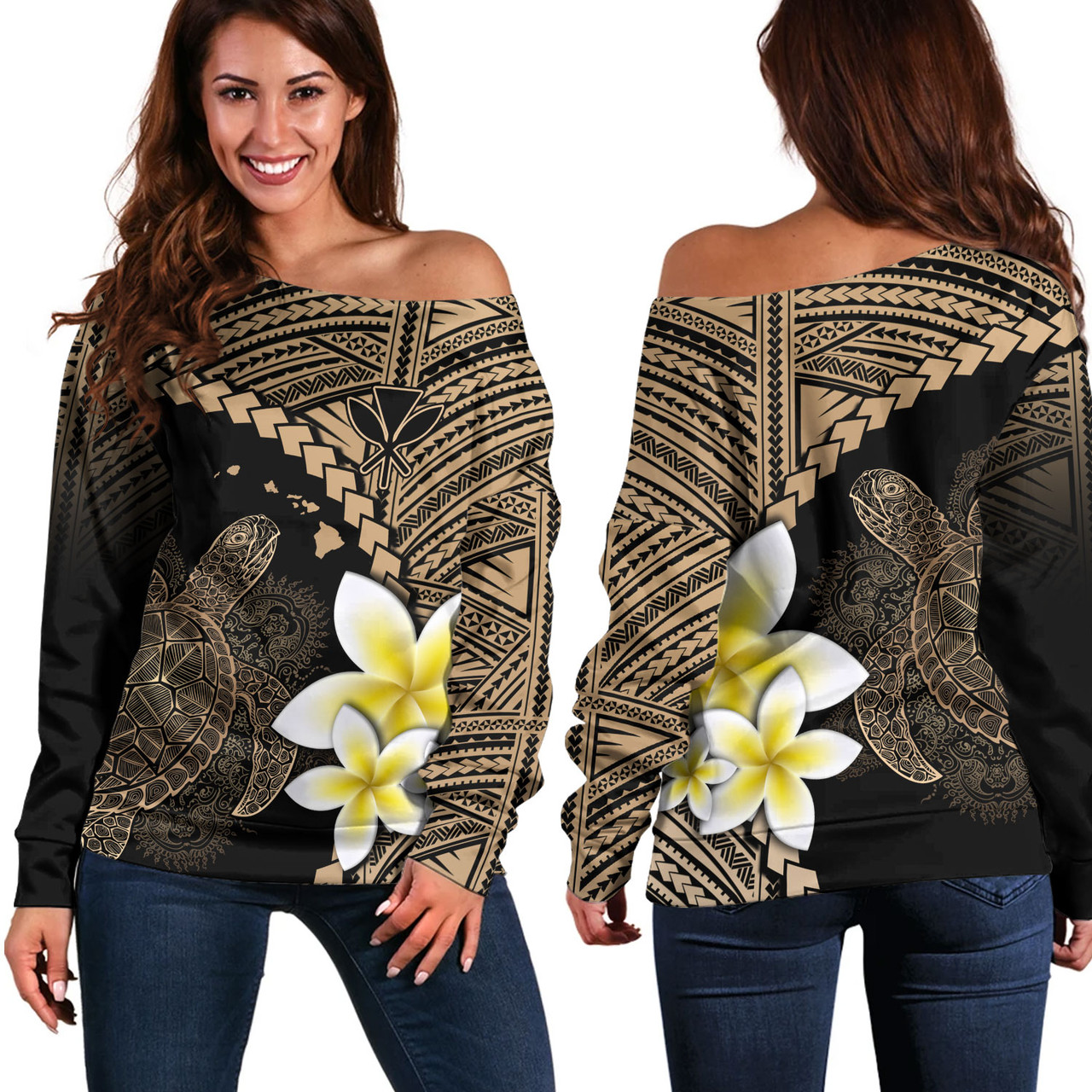 Hawaii Custom Personalised Off Shoulder Sweatshirt Plumeria Sea Turtle Tattoo Tribal Design