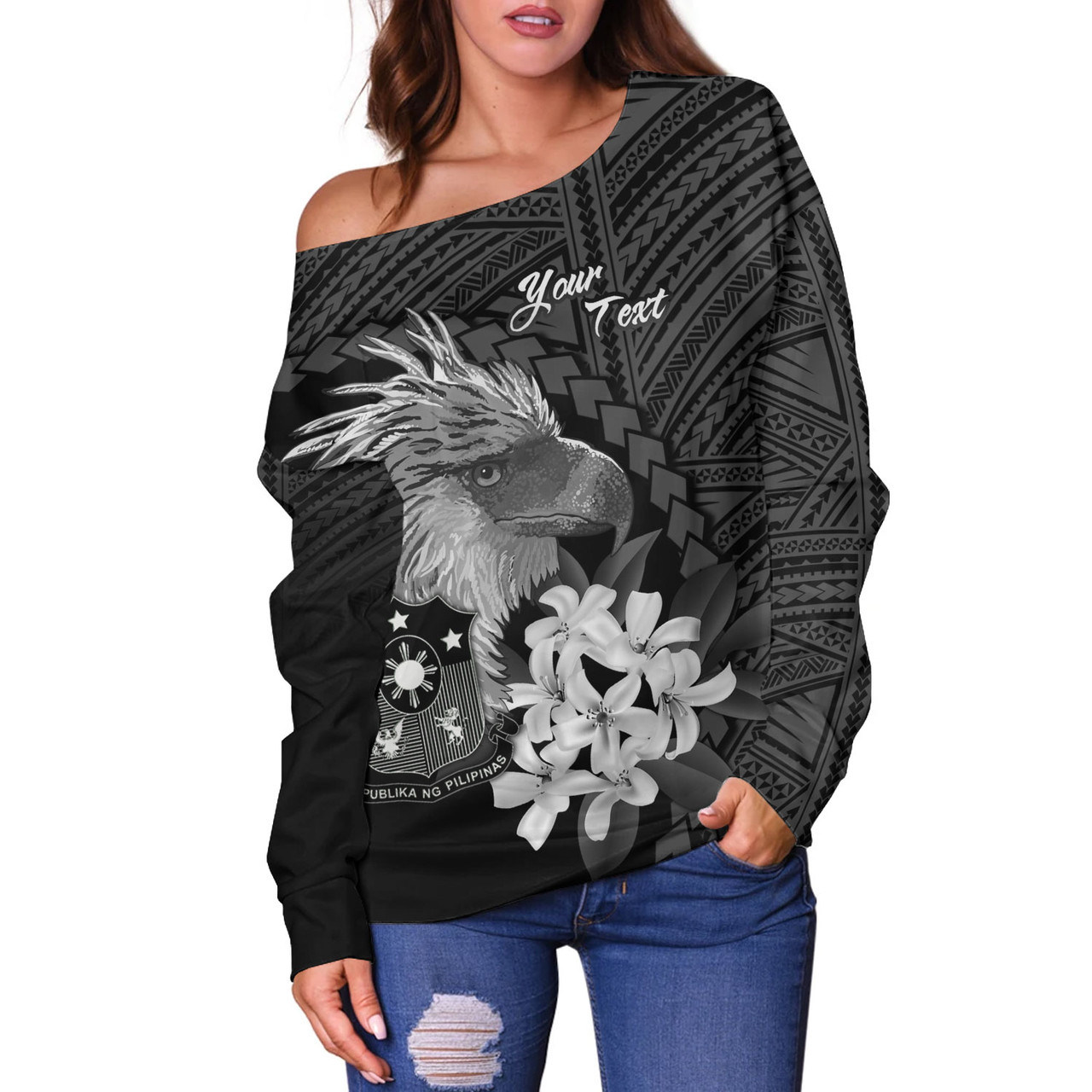 Philippines Filipinos Custom Personalised Off Shoulder Sweatshirt Sampaguita Jasmine Philippines Eagle Tattoo Tribal