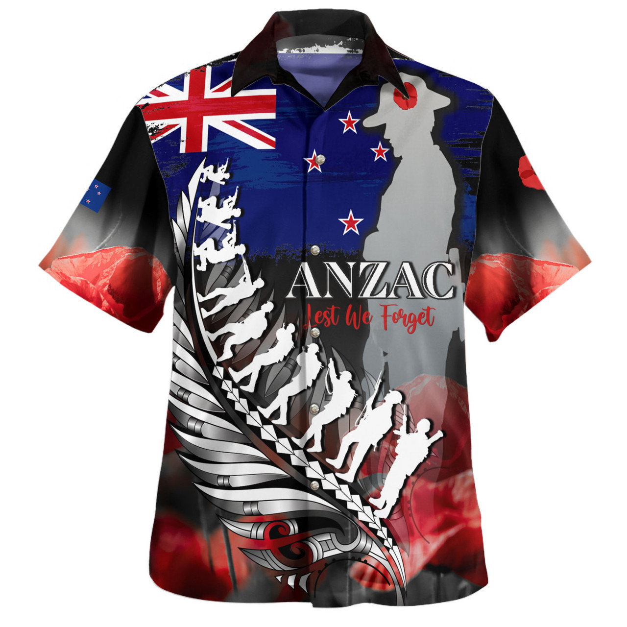 New Zealand Custom Personalised Hawaiian Shirt Anzac Day Silver Fern Flag Style