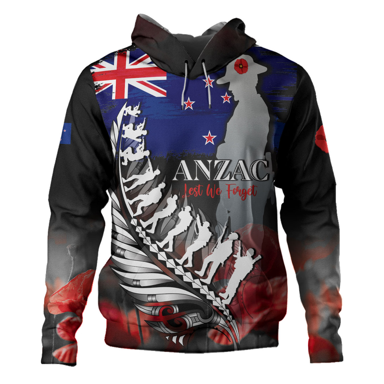 New Zealand Custom Personalised Hoodie Anzac Day Silver Fern Flag Style