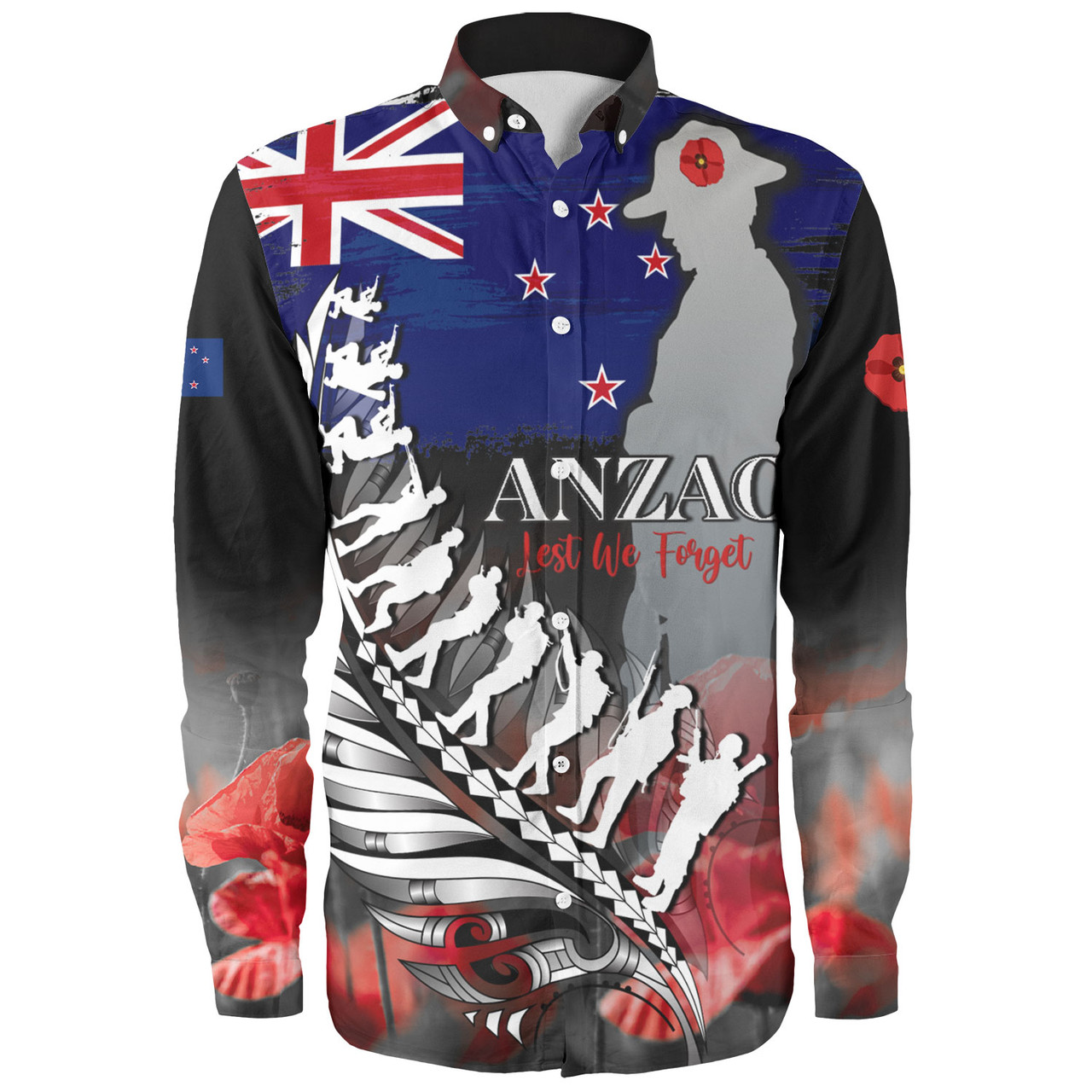 New Zealand Custom Personalised Long Sleeve Shirt Anzac Day Silver Fern Flag Style