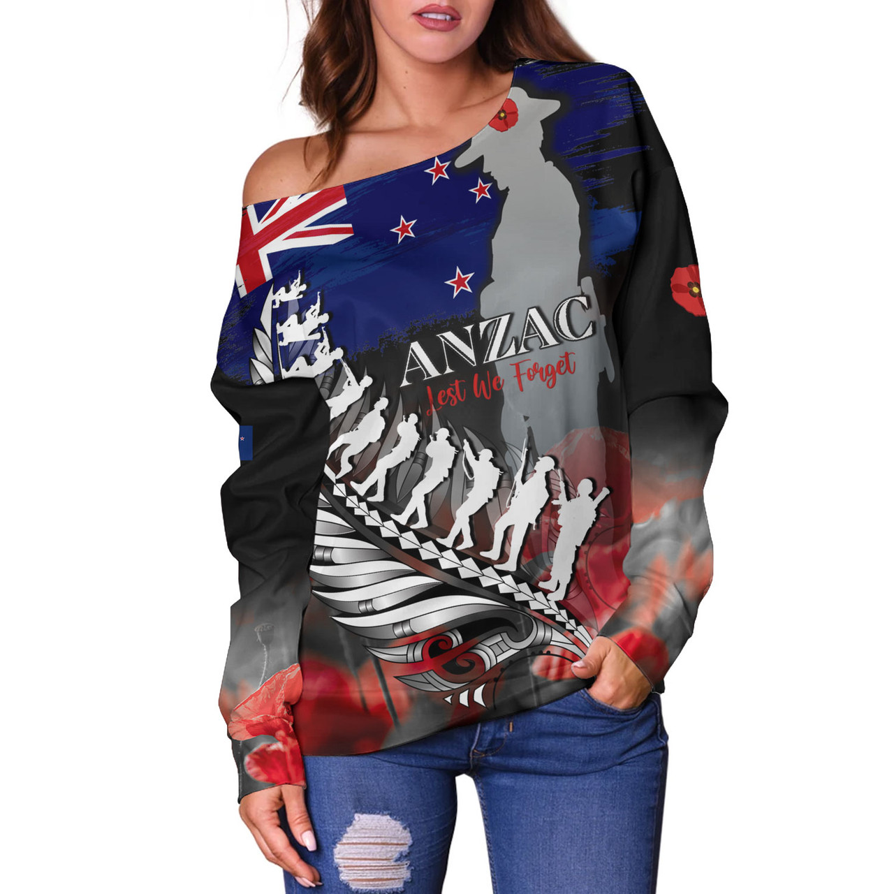 New Zealand Custom Personalised Off Shoulder Sweatshirt Anzac Day Silver Fern Flag Style