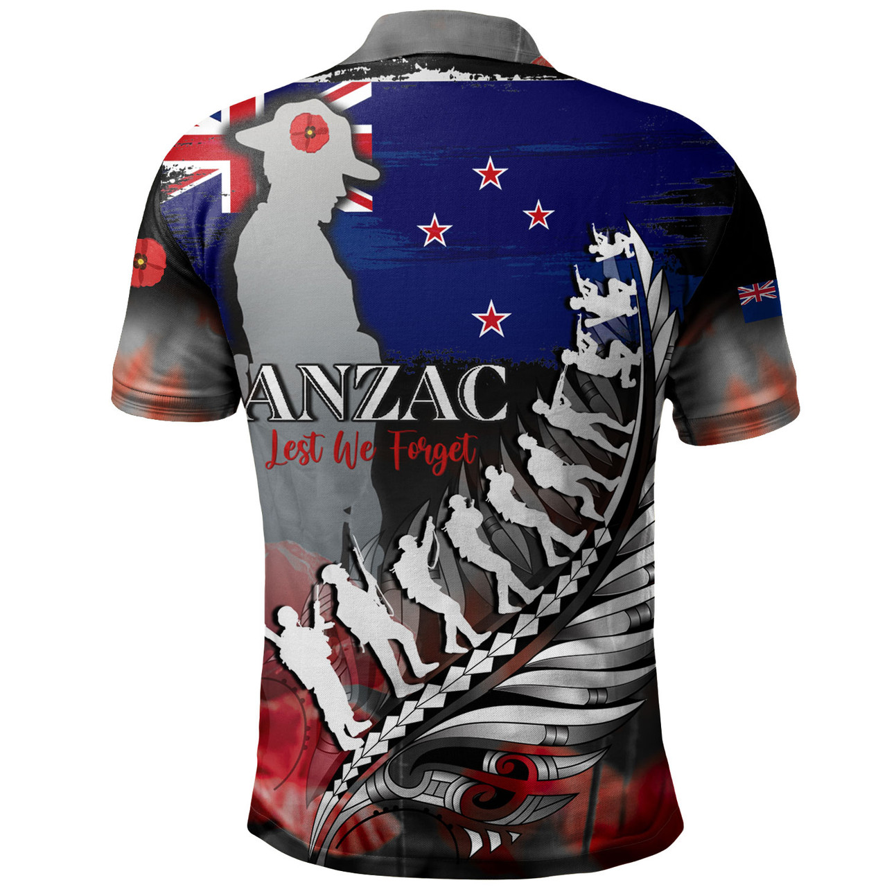 New Zealand Custom Personalised Polo Shirt Anzac Day Silver Fern Flag Style