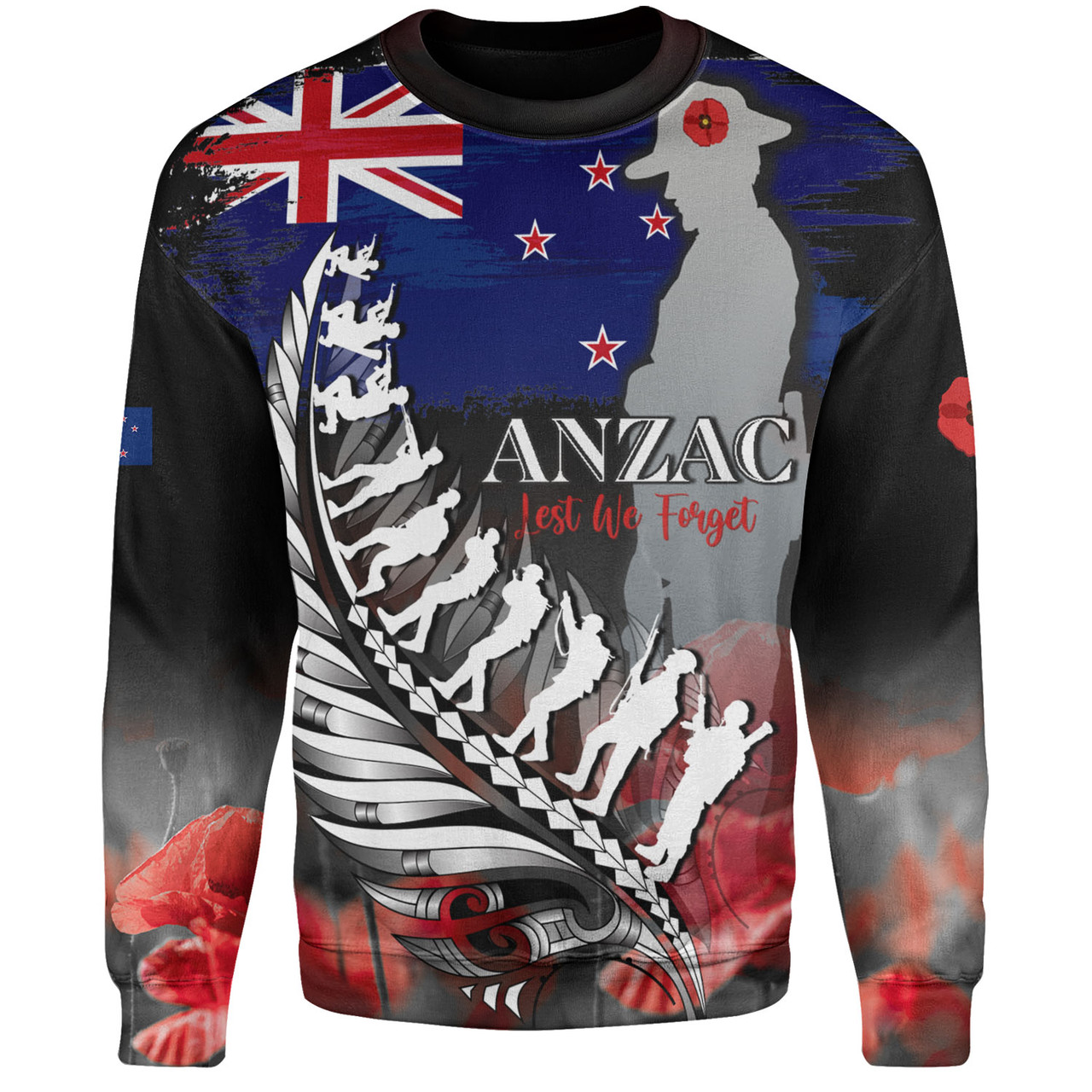 New Zealand Custom Personalised Sweatshirt Anzac Day Silver Fern Flag Style