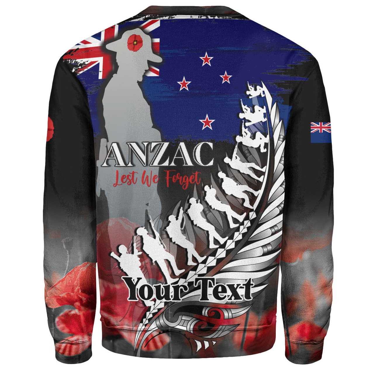 New Zealand Custom Personalised Sweatshirt Anzac Day Silver Fern Flag Style