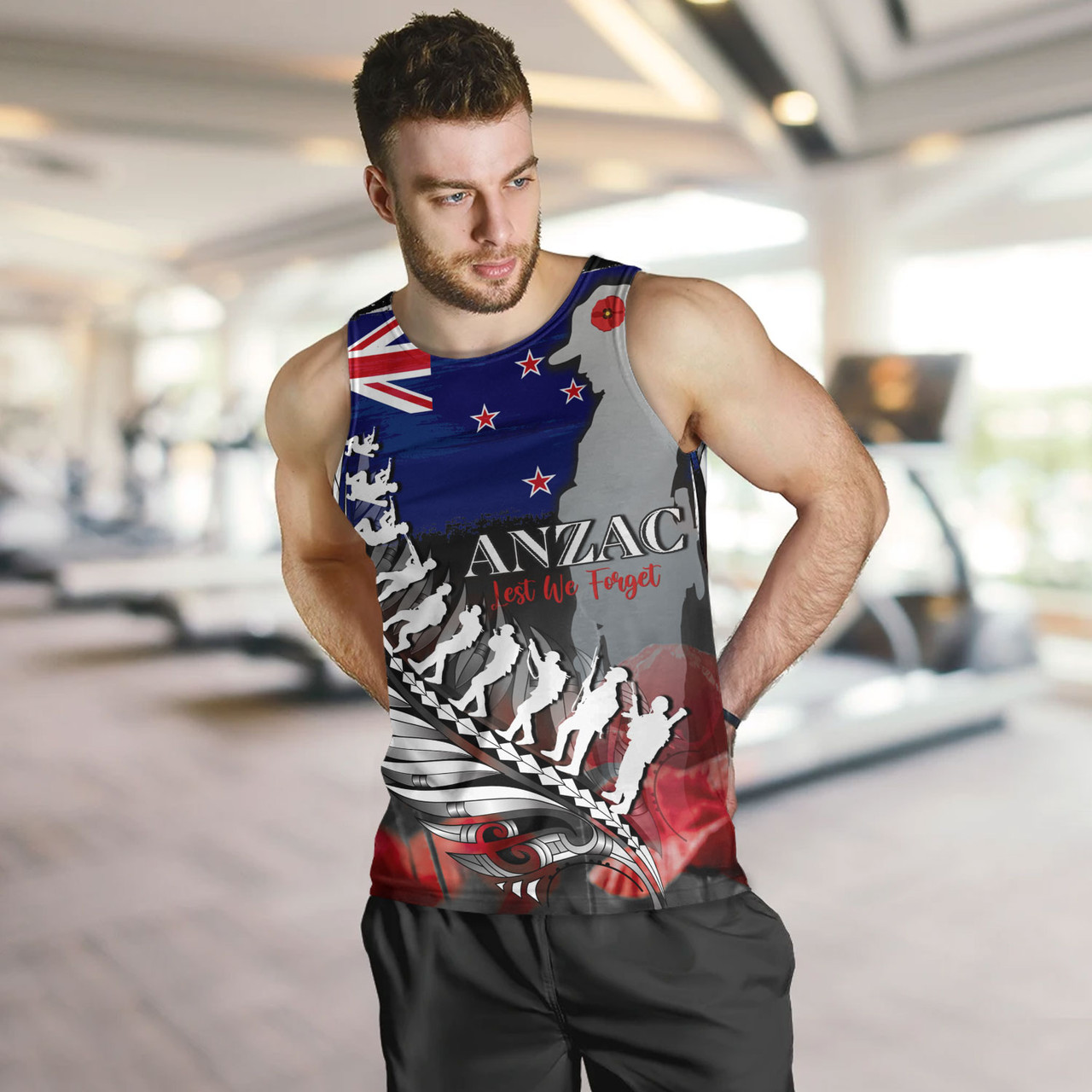 New Zealand Custom Personalised Tank Top Anzac Day Silver Fern Flag Style