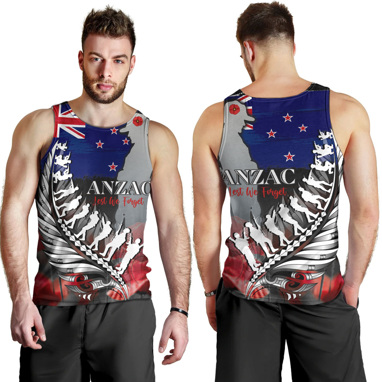 New Zealand Custom Personalised Tank Top Anzac Day Silver Fern Flag Style