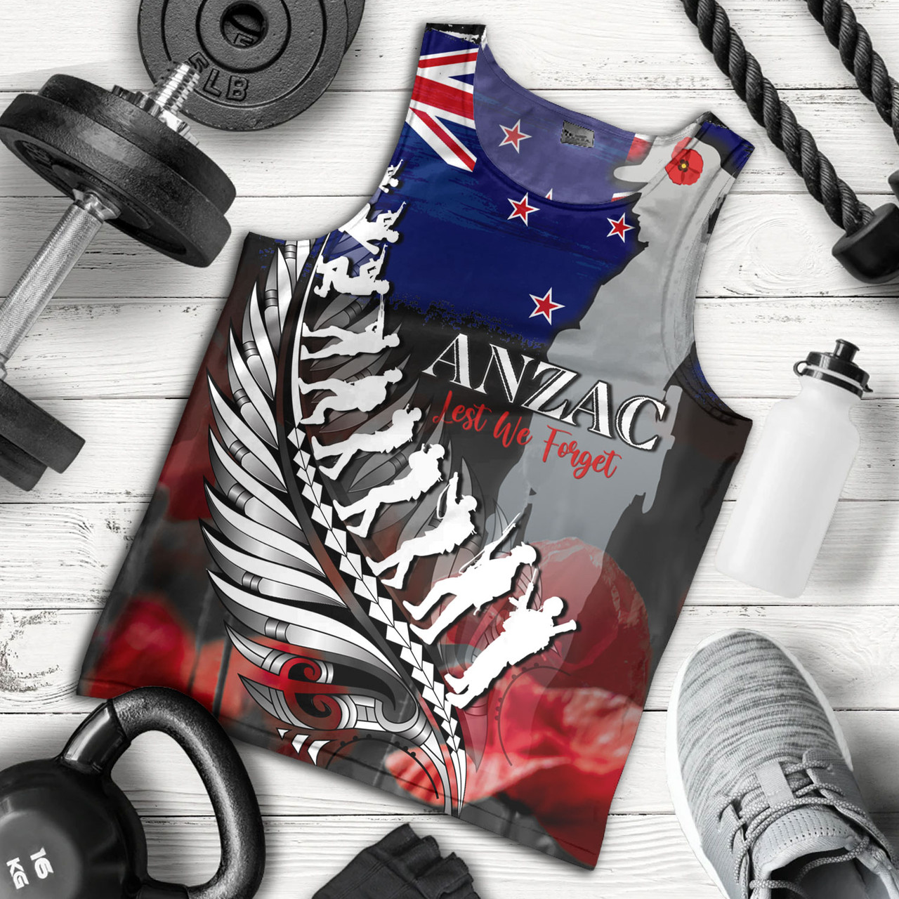 New Zealand Custom Personalised Tank Top Anzac Day Silver Fern Flag Style