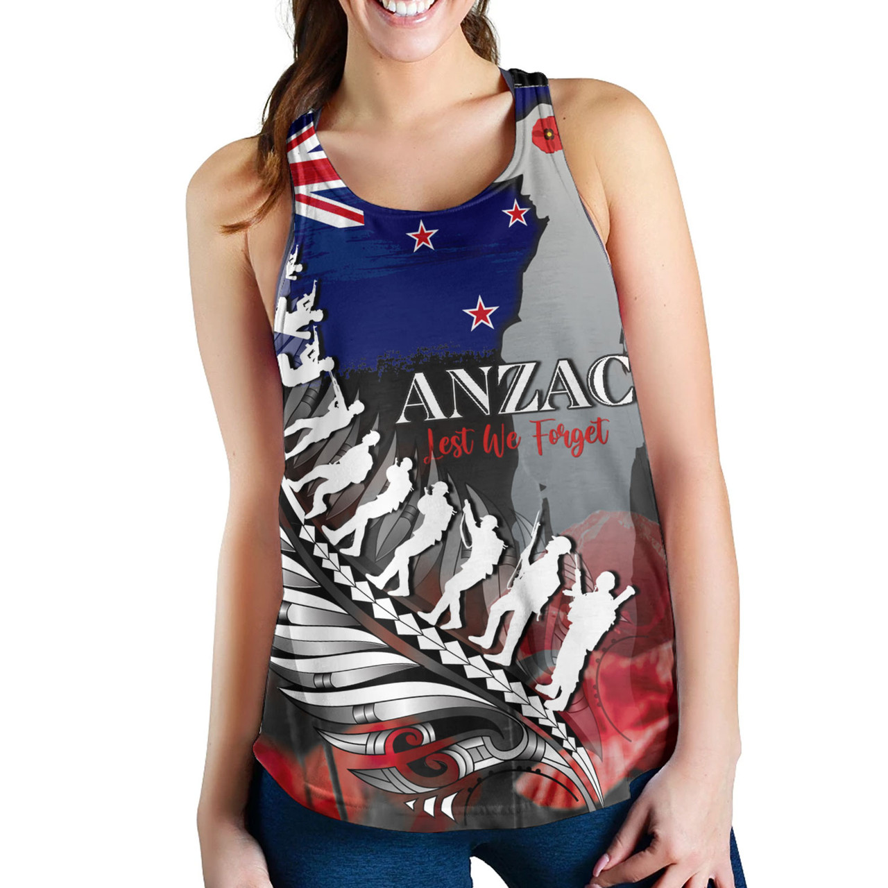 New Zealand Custom Personalised Women Tank Anzac Day Silver Fern Flag Style