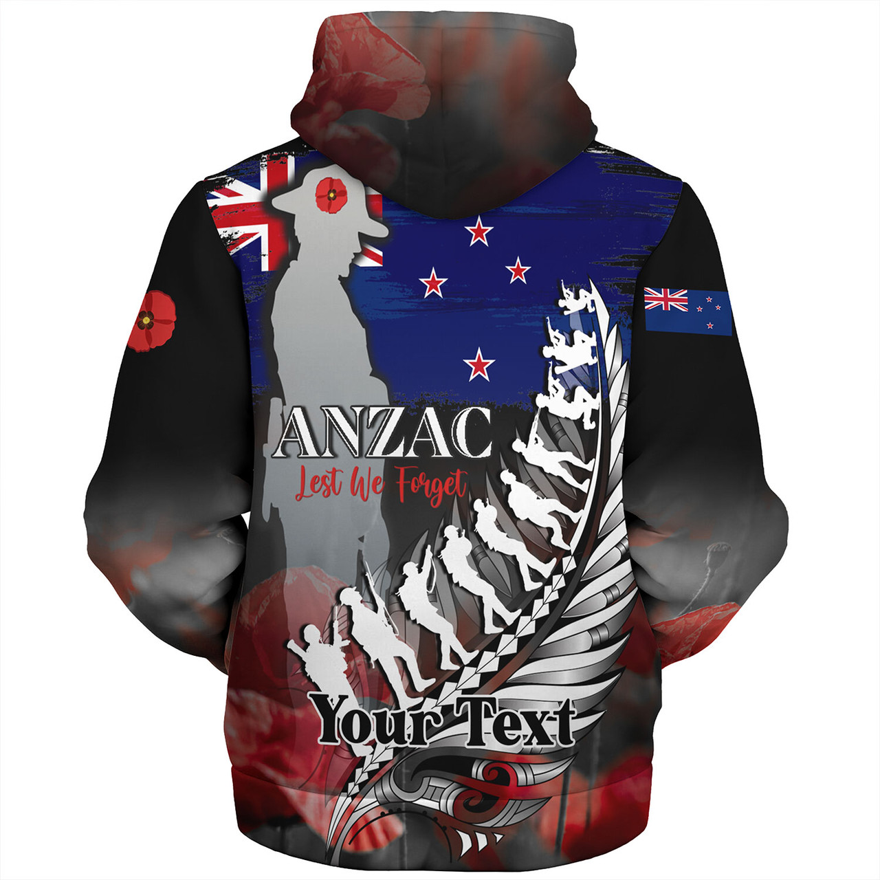 New Zealand Custom Personalised Sherpa Hoodie Anzac Day Silver Fern Flag Style