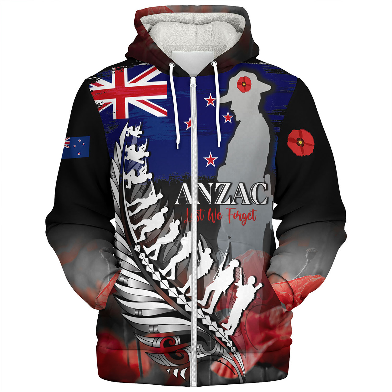New Zealand Custom Personalised Sherpa Hoodie Anzac Day Silver Fern Flag Style