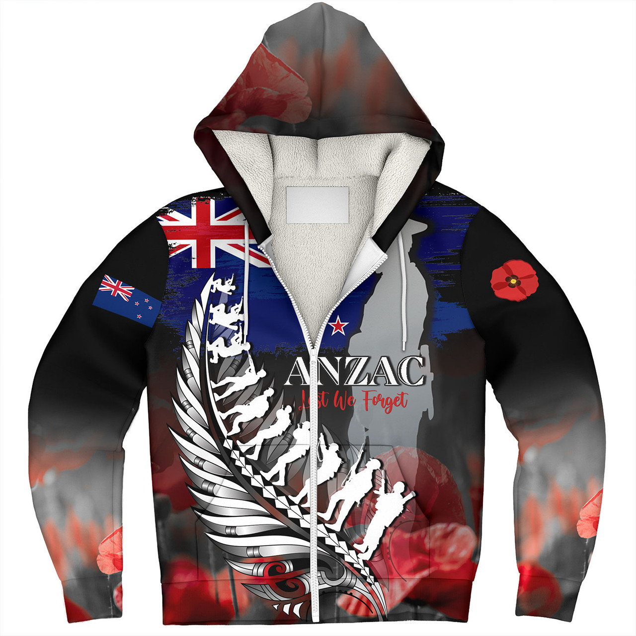 New Zealand Custom Personalised Sherpa Hoodie Anzac Day Silver Fern Flag Style