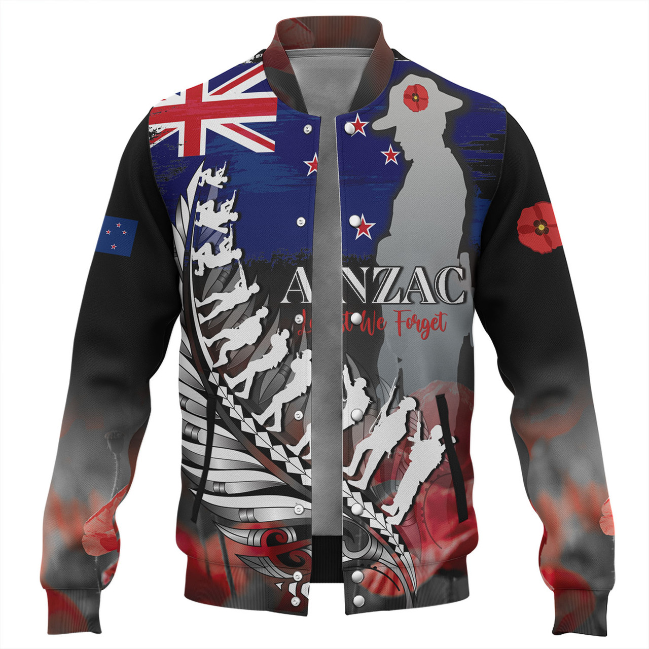 New Zealand Custom Personalised Baseball Jacket Anzac Day Silver Fern Flag Style