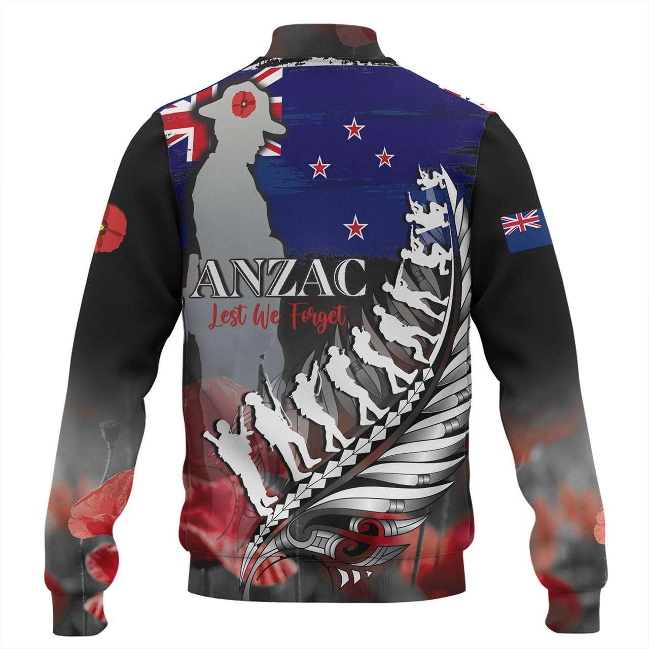 New Zealand Custom Personalised Baseball Jacket Anzac Day Silver Fern Flag Style