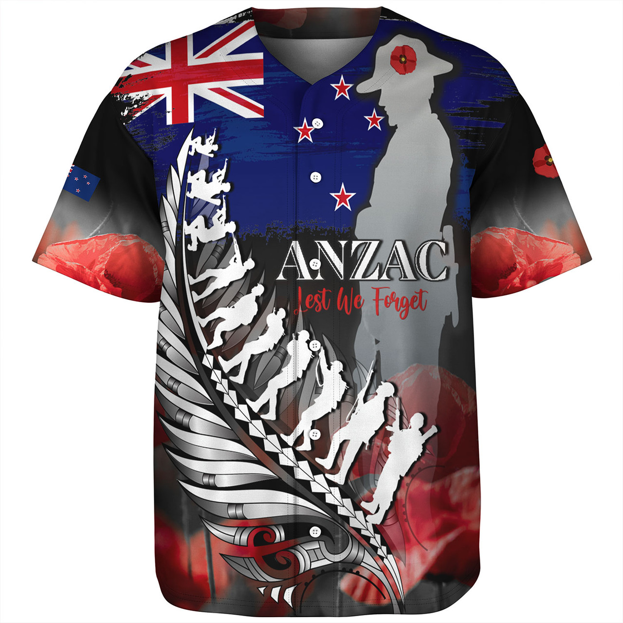 New Zealand Custom Personalised Baseball Shirt Anzac Day Silver Fern Flag Style