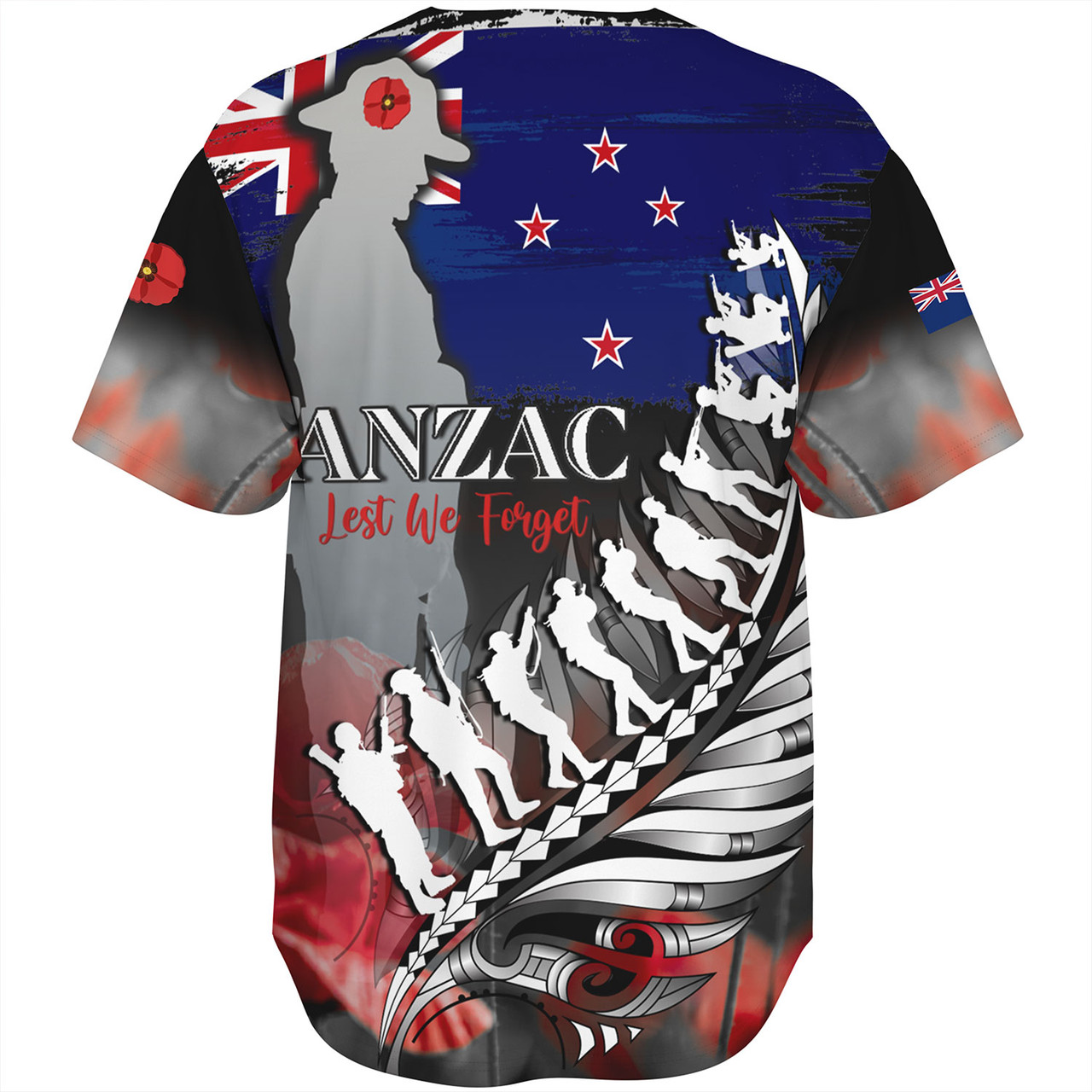 New Zealand Custom Personalised Baseball Shirt Anzac Day Silver Fern Flag Style