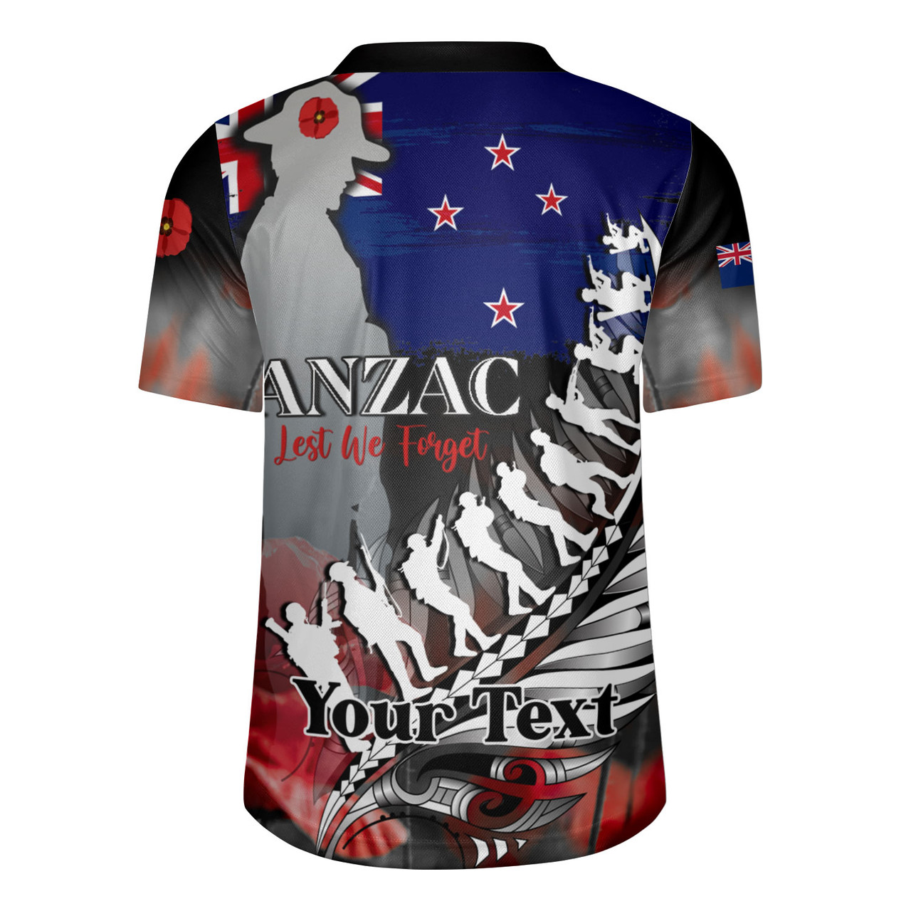 New Zealand Custom Personalised Rugby Jersey Anzac Day Silver Fern Flag Style