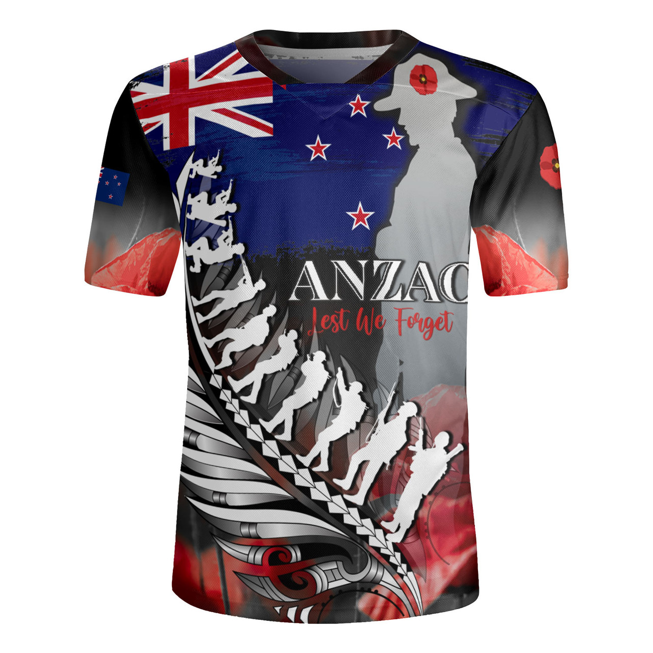 New Zealand Custom Personalised Rugby Jersey Anzac Day Silver Fern Flag Style