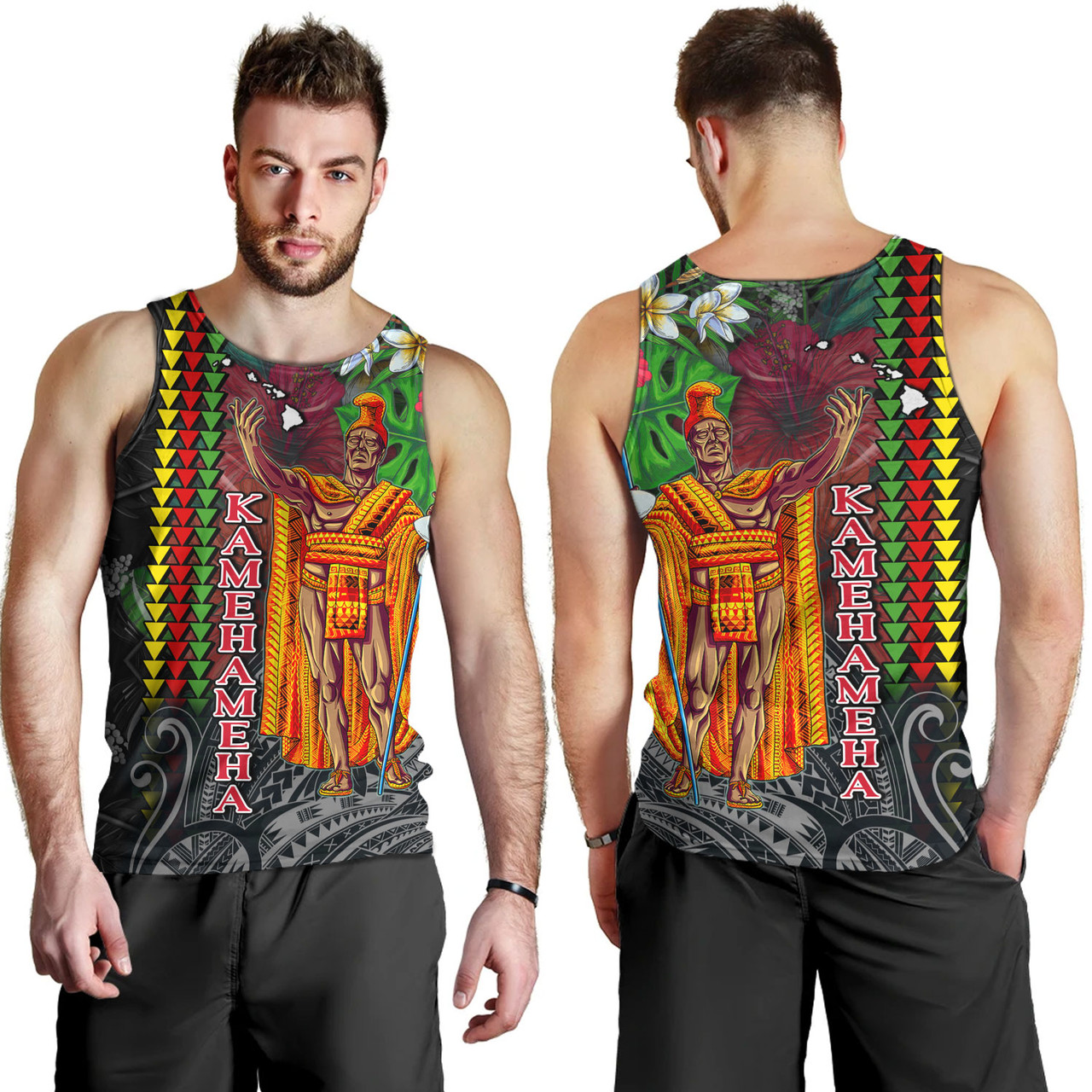 Hawaii Custom Perosnalised Tank Top King Kamehameha Hibiscus And Plumeria With Palm Branches Vintage Style