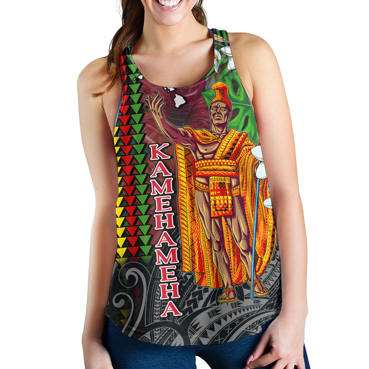 Hawaii Custom Perosnalised Women Tank King Kamehameha Hibiscus And Plumeria With Palm Branches Vintage Style